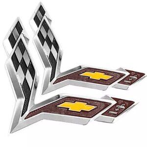2Pcs Chevrolet Corvette C7 Black Silver Metal Badges Cross Flag Logo Hood Tr…